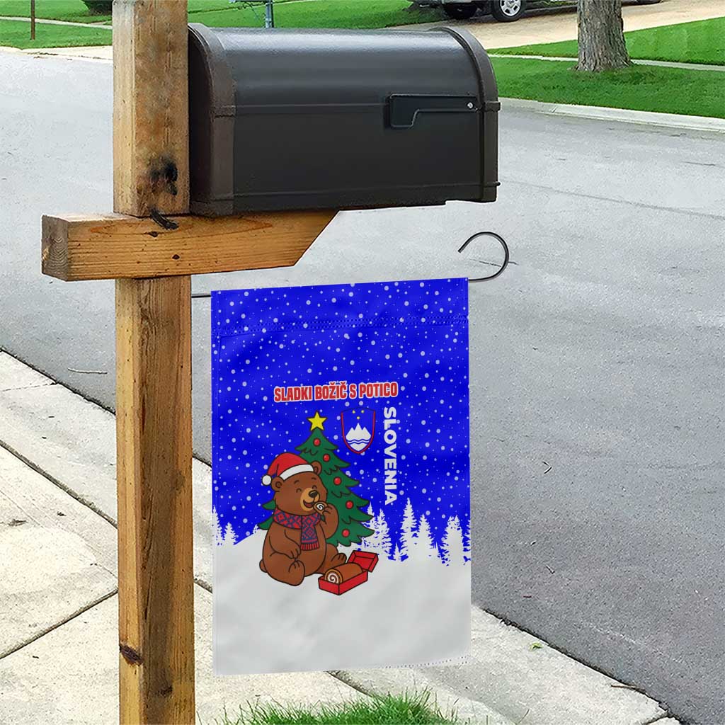 Slovenia Christmas Garden Flag with Bear Potica Cake Snowy Tree and National Emblem Design - Wonder Print Shop