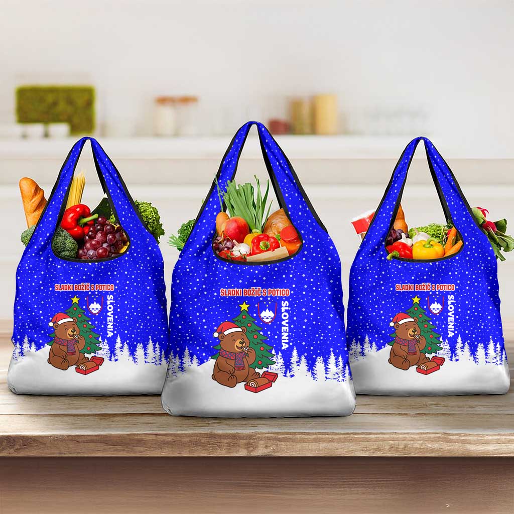 Slovenia Christmas Grocery Bag with Bear Potica Cake Snowy Tree and National Emblem Design - Wonder Print Shop