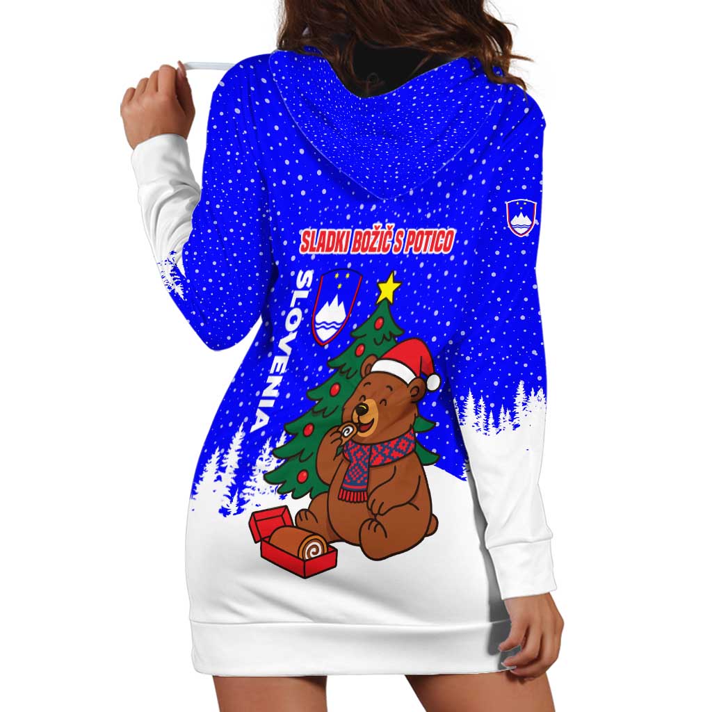 Slovenia Christmas Hoodie Dress with Bear Potica Cake Snowy Tree and National Emblem Design - Wonder Print Shop