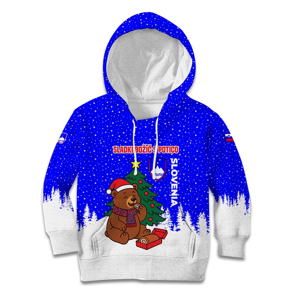 Slovenia Christmas Kid Hoodie with Bear Potica Cake Snowy Tree and National Emblem Design - Wonder Print Shop