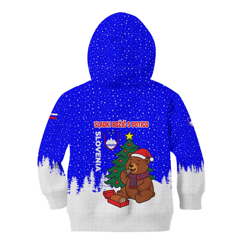 Slovenia Christmas Kid Hoodie with Bear Potica Cake Snowy Tree and National Emblem Design - Wonder Print Shop