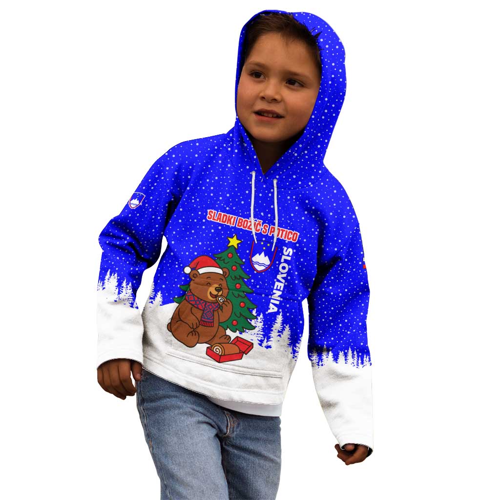 Slovenia Christmas Kid Hoodie with Bear Potica Cake Snowy Tree and National Emblem Design - Wonder Print Shop