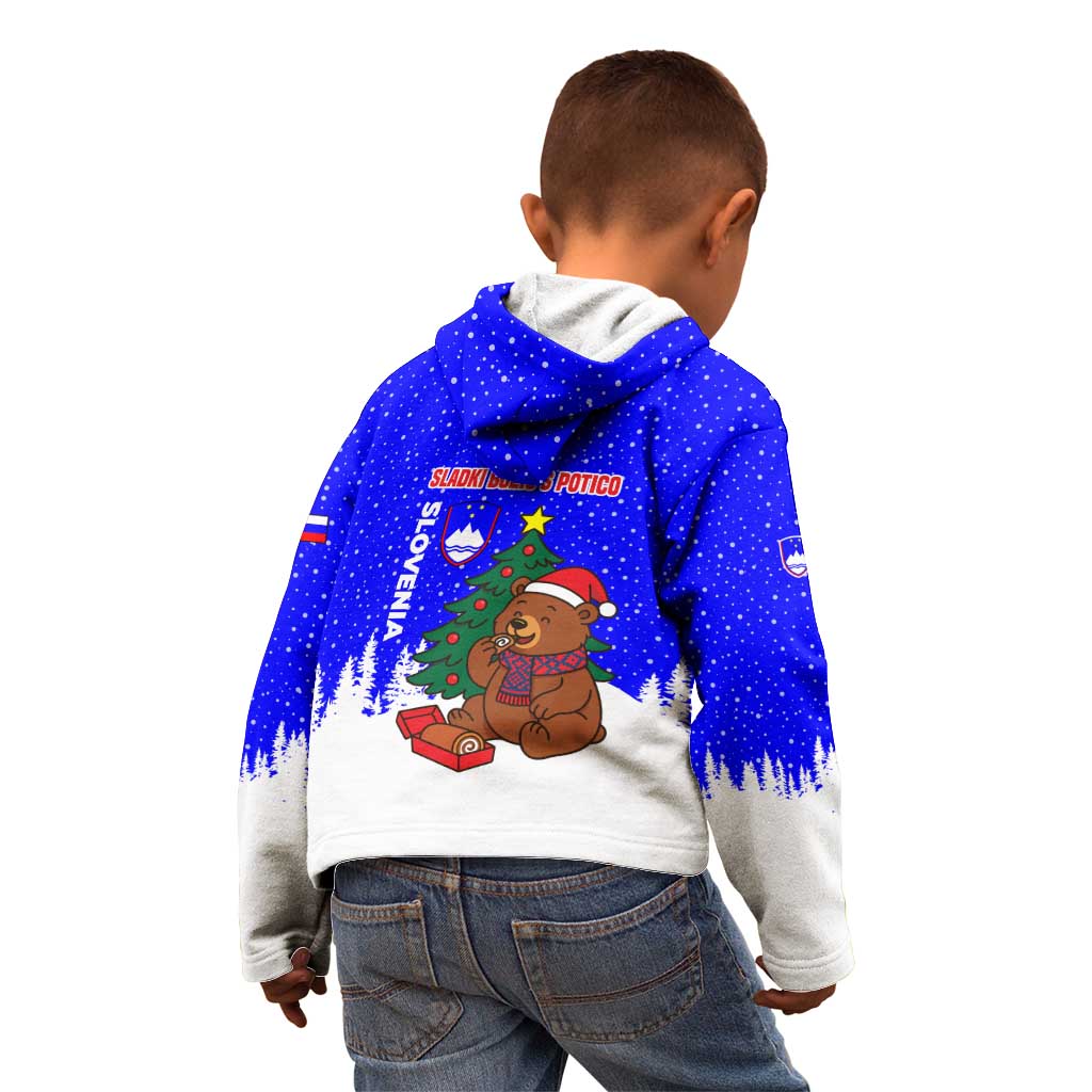 Slovenia Christmas Kid Hoodie with Bear Potica Cake Snowy Tree and National Emblem Design - Wonder Print Shop