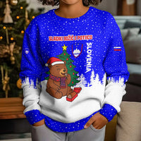 Slovenia Christmas Kid Ugly Christmas Sweater with Bear Potica Cake Snowy Tree and National Emblem Design - Wonder Print Shop