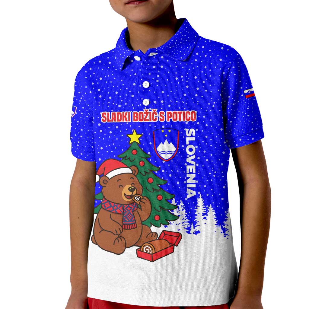 Slovenia Christmas Kid Polo Shirt with Bear Potica Cake Snowy Tree and National Emblem Design - Wonder Print Shop