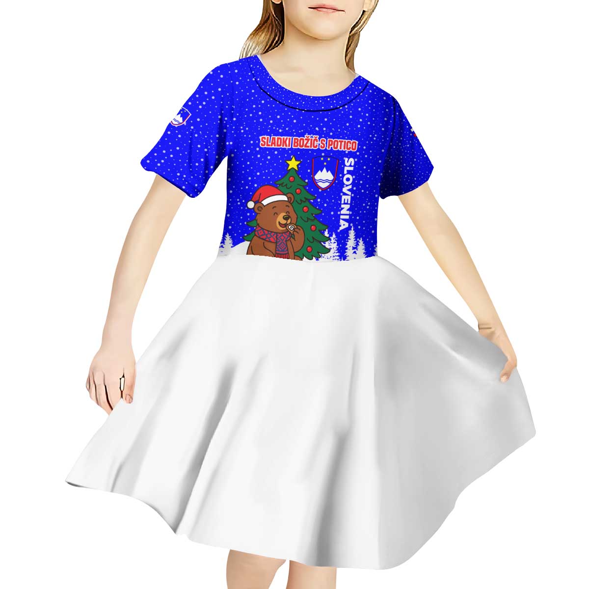 Slovenia Christmas Kid Short Sleeve Dress with Bear Potica Cake Snowy Tree and National Emblem Design - Wonder Print Shop