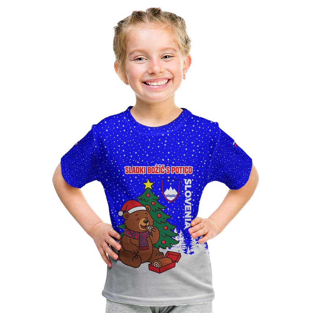 Slovenia Christmas Kid T Shirt with Bear Potica Cake Snowy Tree and National Emblem Design - Wonder Print Shop