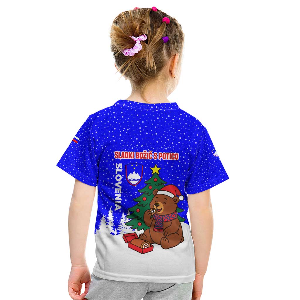 Slovenia Christmas Kid T Shirt with Bear Potica Cake Snowy Tree and National Emblem Design - Wonder Print Shop