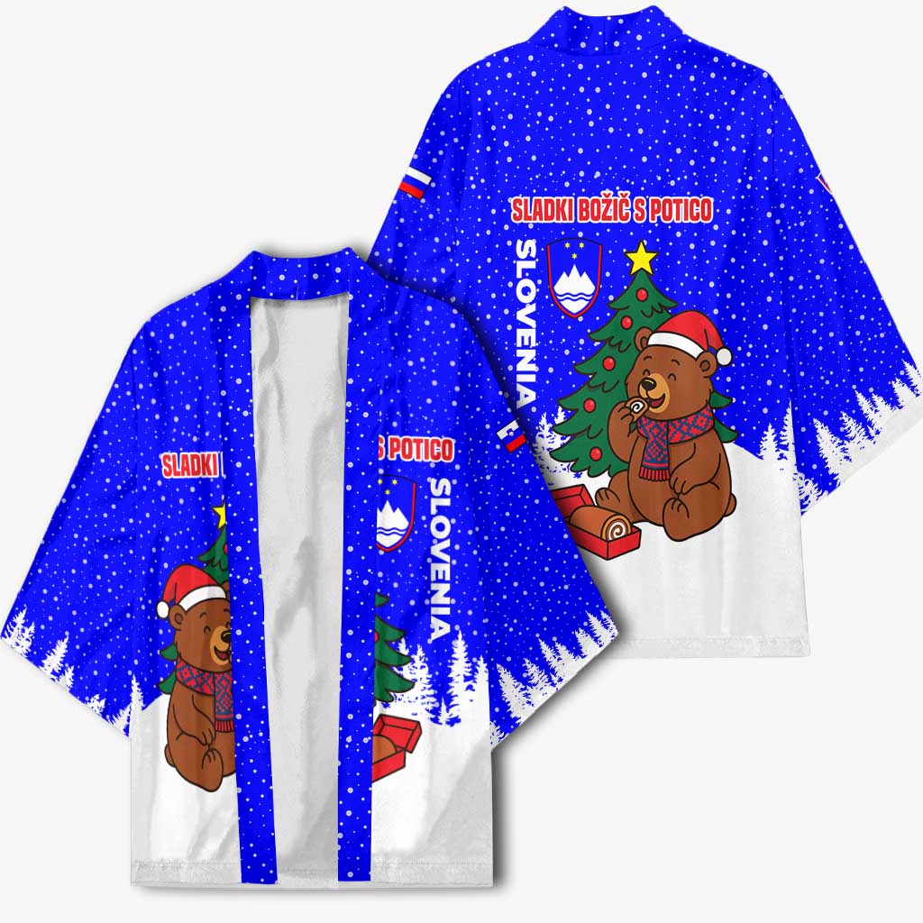 Slovenia Christmas Kimono with Bear Potica Cake Snowy Tree and National Emblem Design - Wonder Print Shop