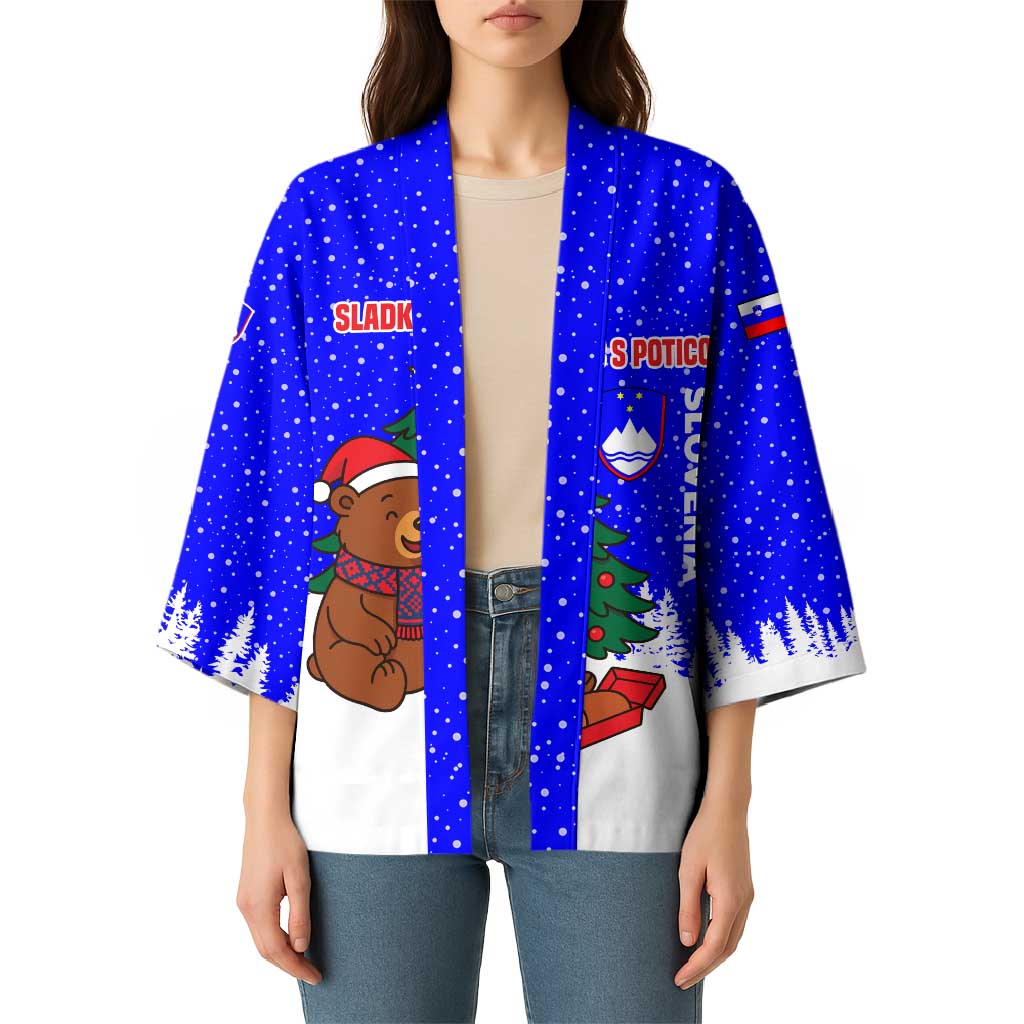 Slovenia Christmas Kimono with Bear Potica Cake Snowy Tree and National Emblem Design - Wonder Print Shop