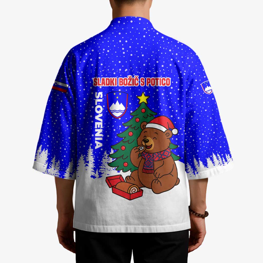 Slovenia Christmas Kimono with Bear Potica Cake Snowy Tree and National Emblem Design - Wonder Print Shop