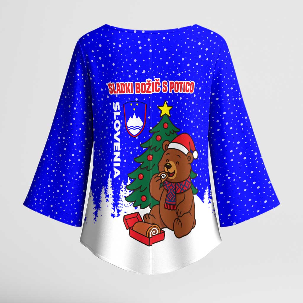 Slovenia Christmas Kimono Sleeve Blouse with Bear Potica Cake Snowy Tree and National Emblem Design - Wonder Print Shop