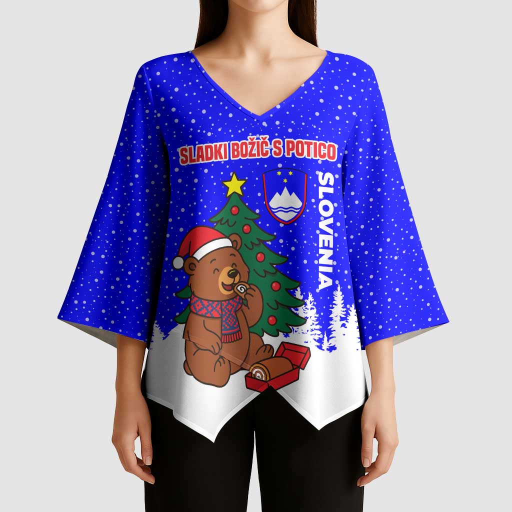 Slovenia Christmas Kimono Sleeve Blouse with Bear Potica Cake Snowy Tree and National Emblem Design - Wonder Print Shop