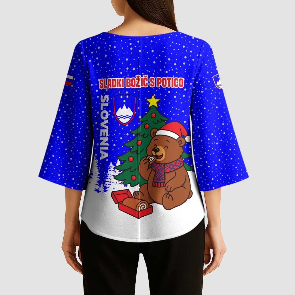 Slovenia Christmas Kimono Sleeve Blouse with Bear Potica Cake Snowy Tree and National Emblem Design - Wonder Print Shop