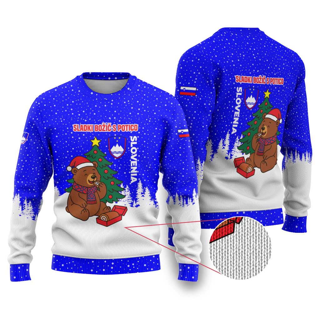 Slovenia Christmas Ugly Christmas Sweater with Bear Potica Cake Snowy Tree and National Emblem Design - Wonder Print Shop