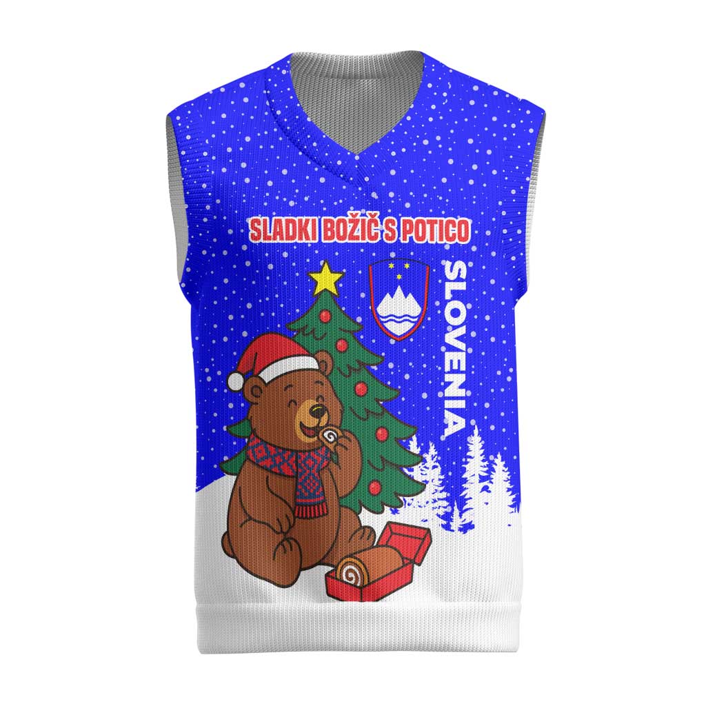 Slovenia Christmas Knitted V-Neck Vest with Bear Potica Cake Snowy Tree and National Emblem Design - Wonder Print Shop