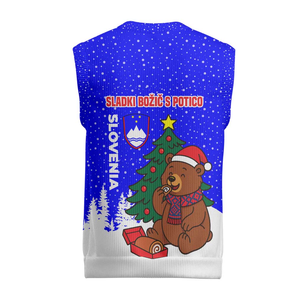 Slovenia Christmas Knitted V-Neck Vest with Bear Potica Cake Snowy Tree and National Emblem Design - Wonder Print Shop
