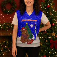 Slovenia Christmas Knitted V-Neck Vest with Bear Potica Cake Snowy Tree and National Emblem Design - Wonder Print Shop