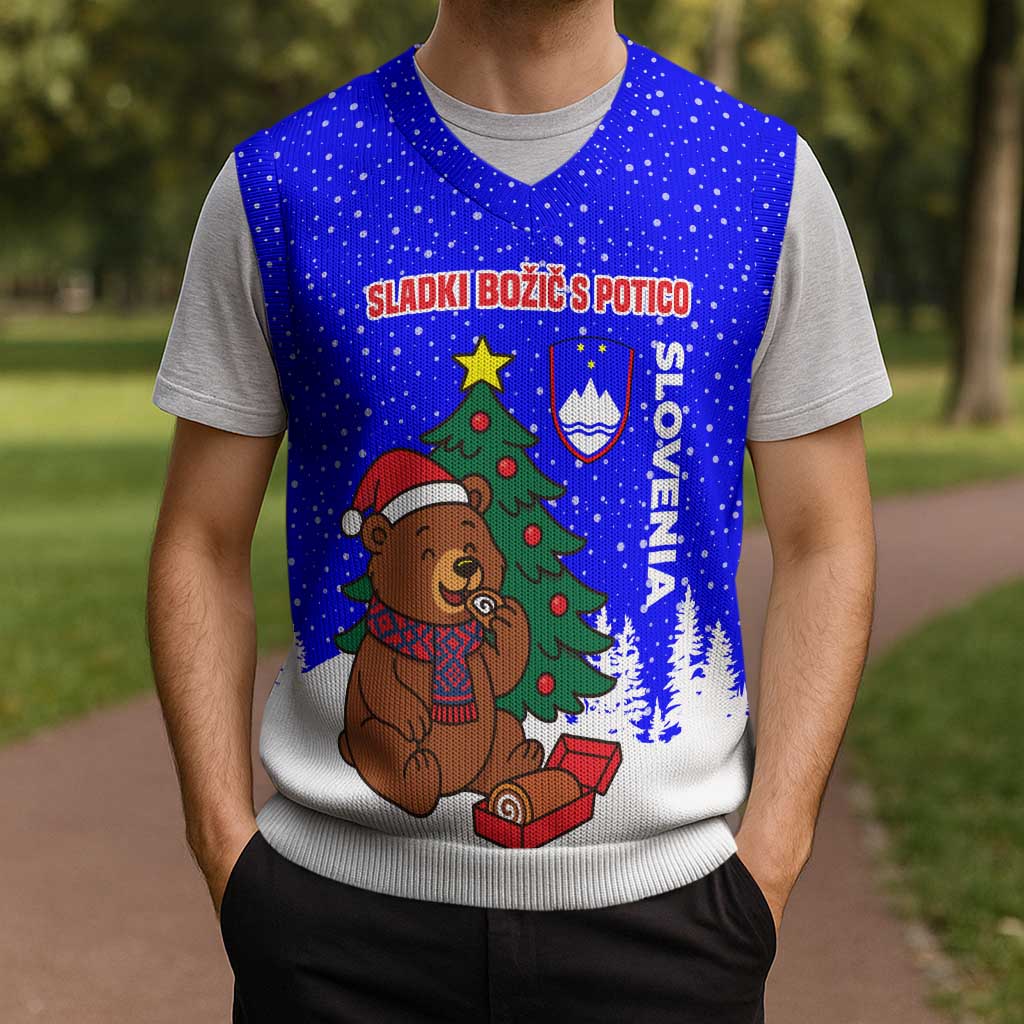 Slovenia Christmas Knitted V-Neck Vest with Bear Potica Cake Snowy Tree and National Emblem Design - Wonder Print Shop