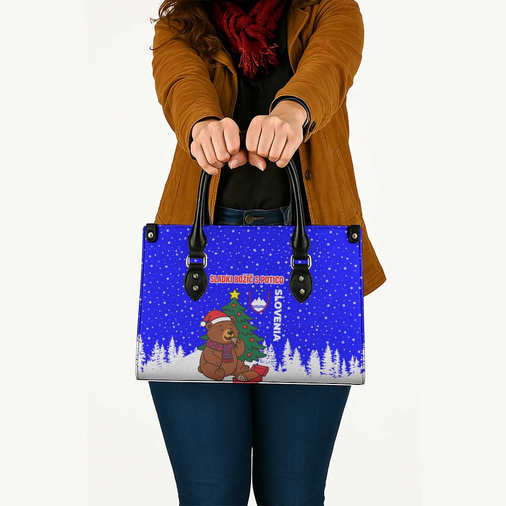 Slovenia Christmas Leather Bag with Bear Potica Cake Snowy Tree and National Emblem Design - Wonder Print Shop