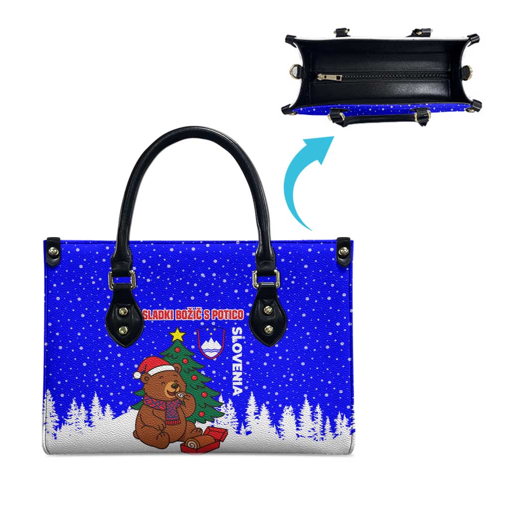Slovenia Christmas Leather Bag with Bear Potica Cake Snowy Tree and National Emblem Design - Wonder Print Shop