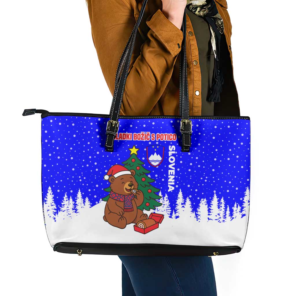 Slovenia Christmas Leather Tote Bag with Bear Potica Cake Snowy Tree and National Emblem Design - Wonder Print Shop