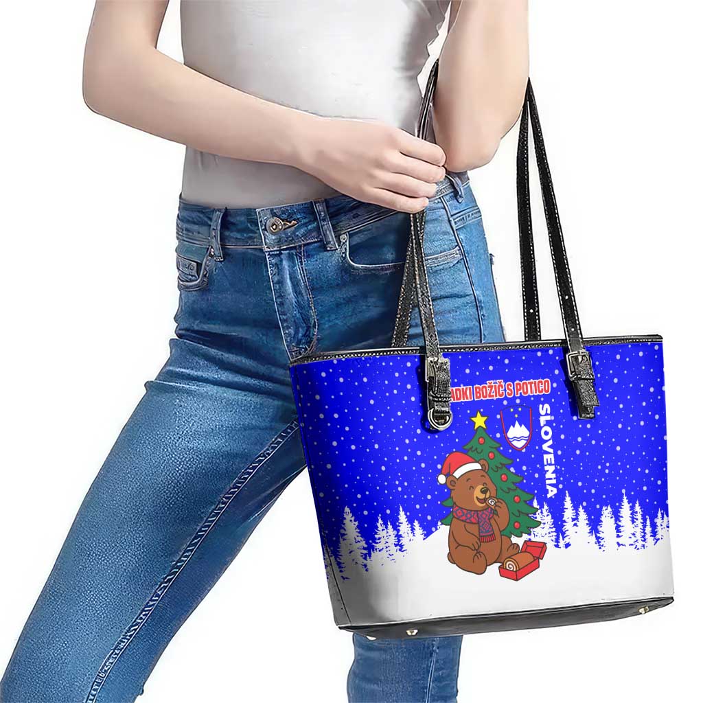 Slovenia Christmas Leather Tote Bag with Bear Potica Cake Snowy Tree and National Emblem Design - Wonder Print Shop
