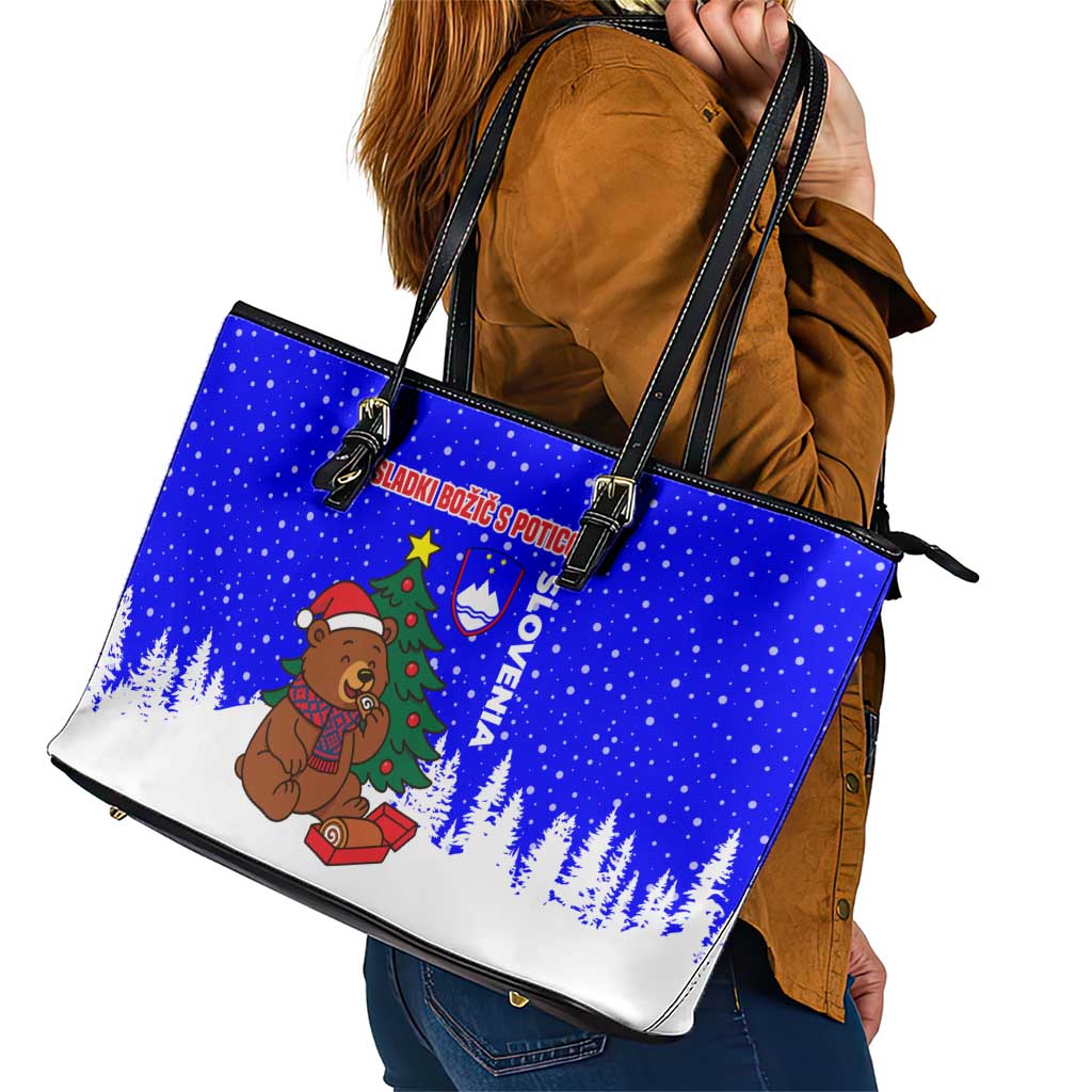 Slovenia Christmas Leather Tote Bag with Bear Potica Cake Snowy Tree and National Emblem Design - Wonder Print Shop
