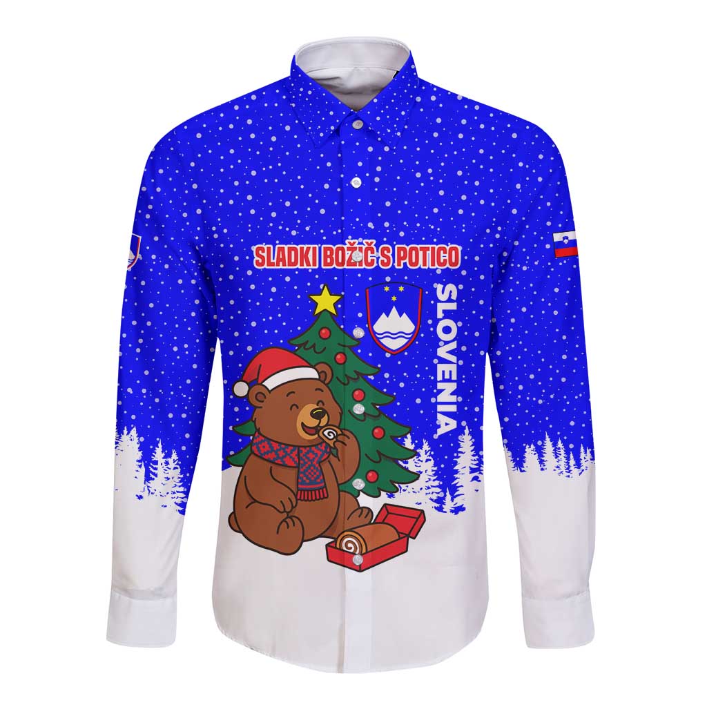 Slovenia Christmas Long Sleeve Button Shirt with Bear Potica Cake Snowy Tree and National Emblem Design - Wonder Print Shop