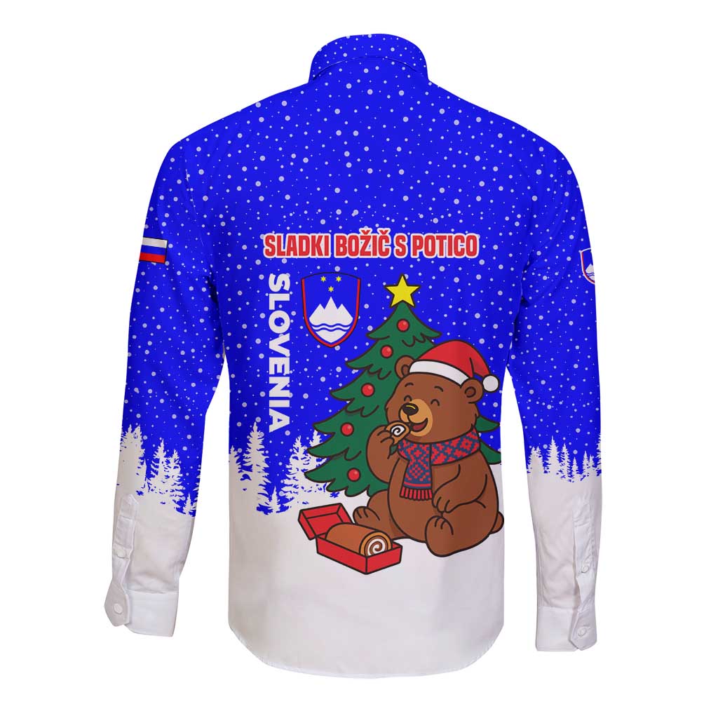 Slovenia Christmas Long Sleeve Button Shirt with Bear Potica Cake Snowy Tree and National Emblem Design - Wonder Print Shop