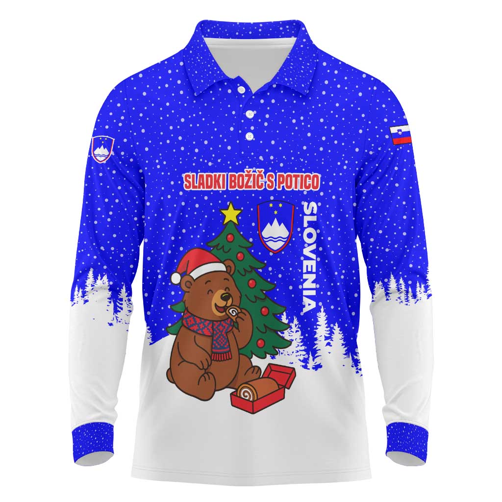 Slovenia Christmas Long Sleeve Polo Shirt with Bear Potica Cake Snowy Tree and National Emblem Design - Wonder Print Shop