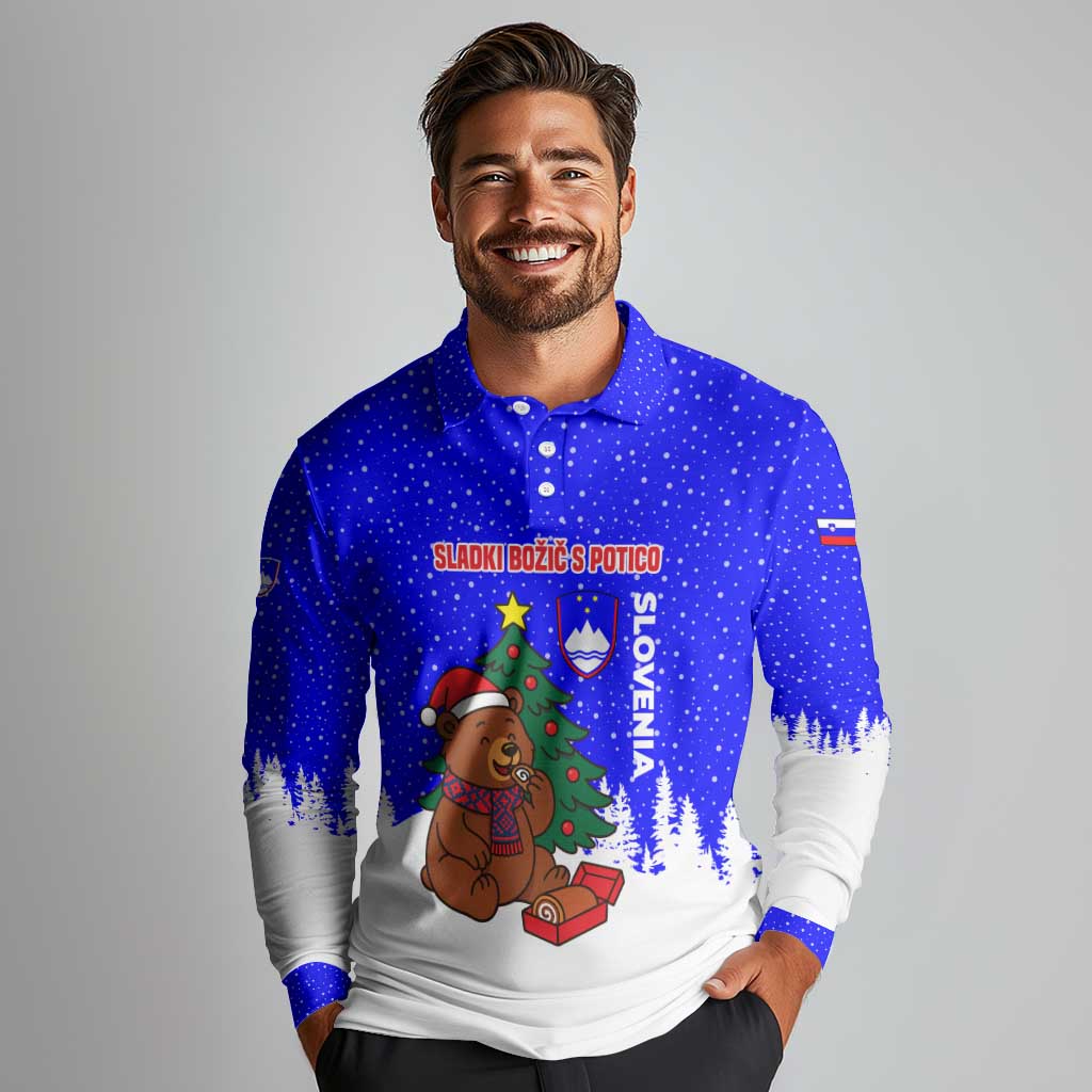Slovenia Christmas Long Sleeve Polo Shirt with Bear Potica Cake Snowy Tree and National Emblem Design - Wonder Print Shop