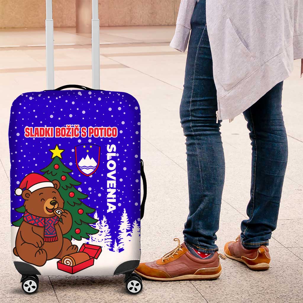 Slovenia Christmas Luggage Cover with Bear Potica Cake Snowy Tree and National Emblem Design - Wonder Print Shop
