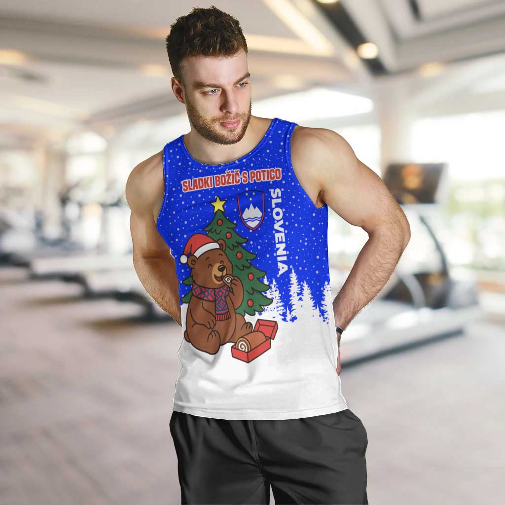 Slovenia Christmas Men Tank Top with Bear Potica Cake Snowy Tree and National Emblem Design - Wonder Print Shop