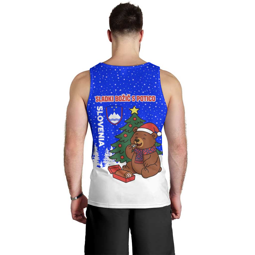 Slovenia Christmas Men Tank Top with Bear Potica Cake Snowy Tree and National Emblem Design - Wonder Print Shop