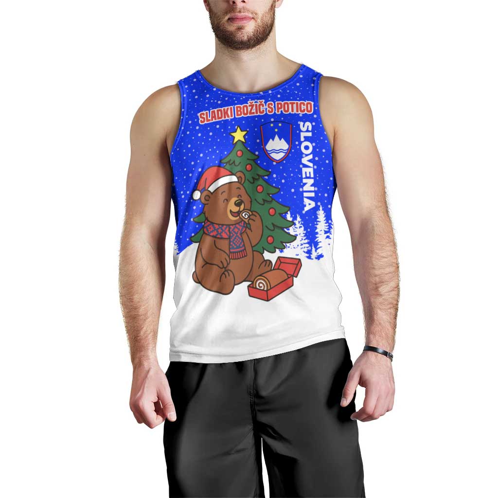 Slovenia Christmas Men Tank Top with Bear Potica Cake Snowy Tree and National Emblem Design - Wonder Print Shop