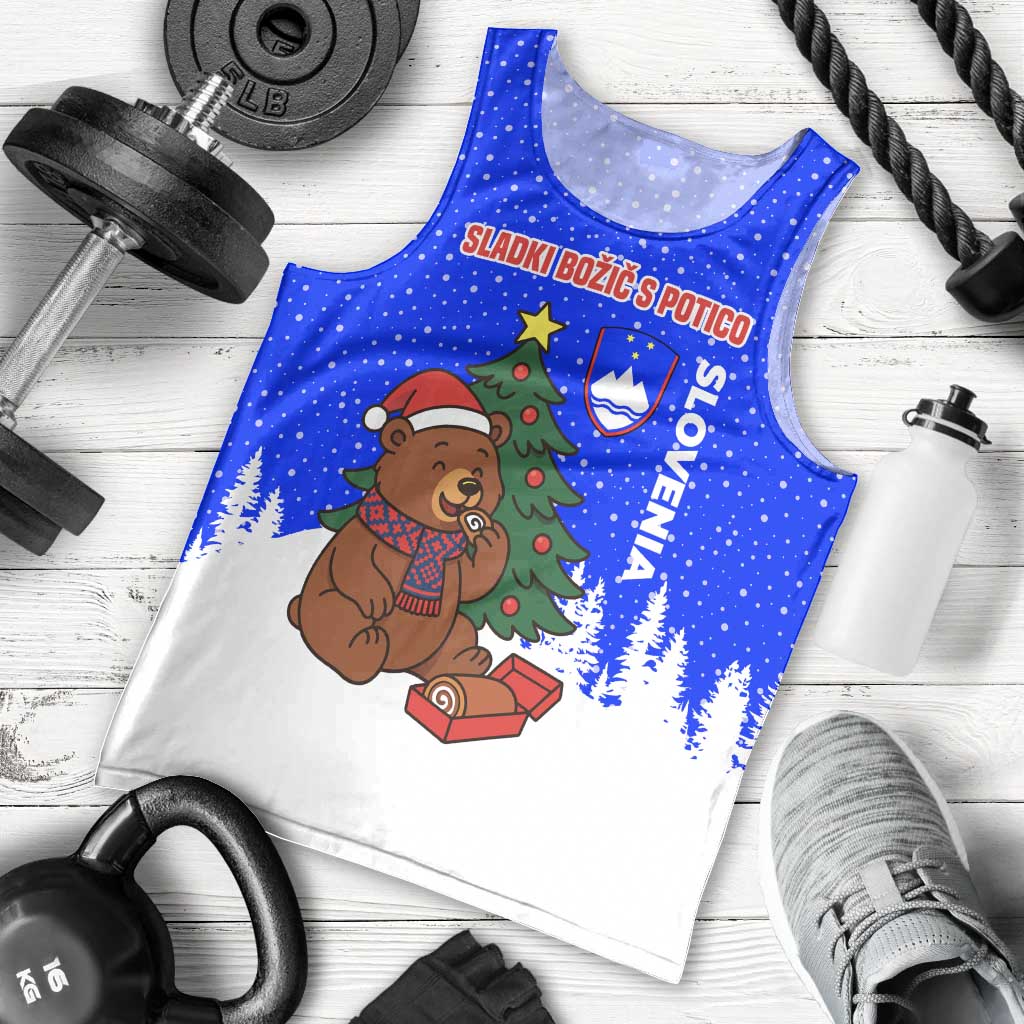 Slovenia Christmas Men Tank Top with Bear Potica Cake Snowy Tree and National Emblem Design - Wonder Print Shop