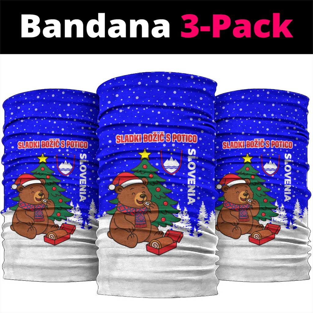 Slovenia Christmas Neck Gaiter with Bear Potica Cake Snowy Tree and National Emblem Design - Wonder Print Shop