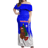 Slovenia Christmas Off Shoulder Maxi Dress with Bear Potica Cake Snowy Tree and National Emblem Design - Wonder Print Shop