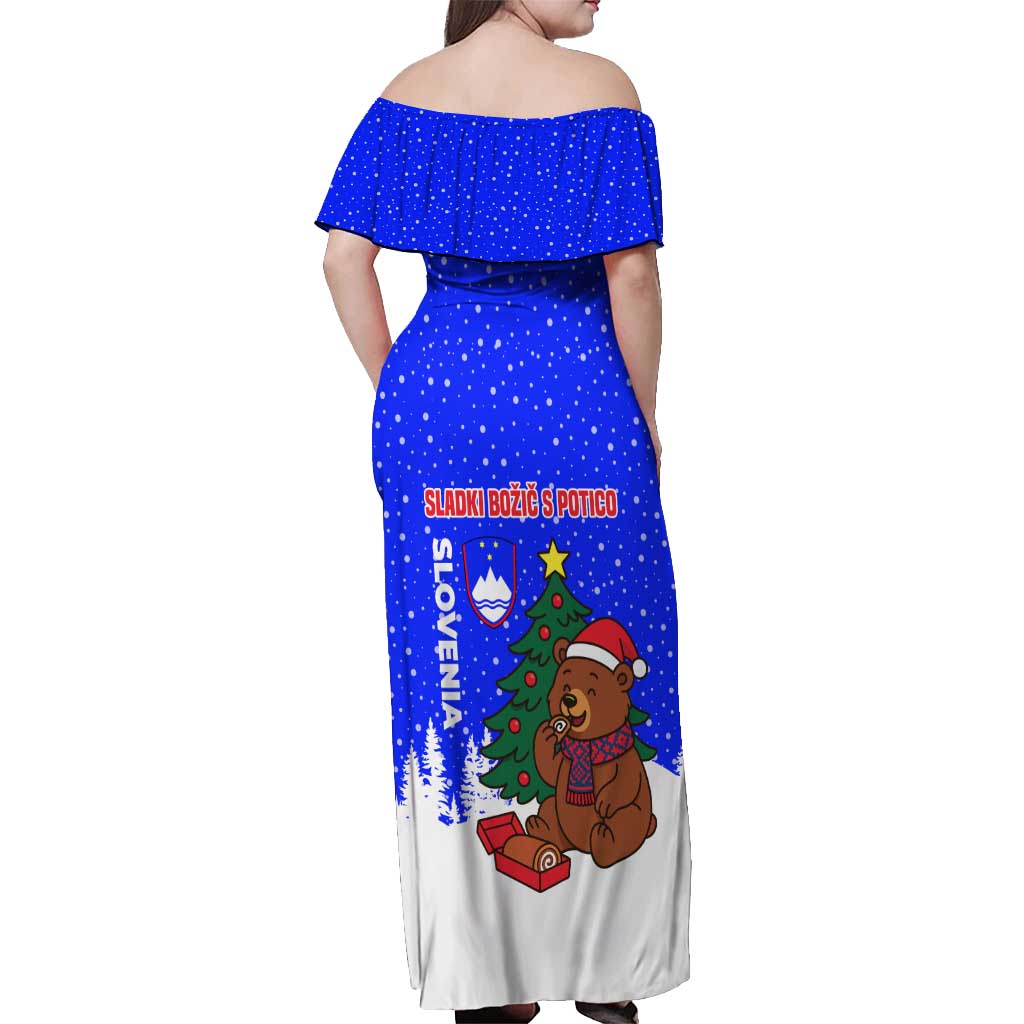Slovenia Christmas Off Shoulder Maxi Dress with Bear Potica Cake Snowy Tree and National Emblem Design - Wonder Print Shop