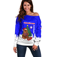 Slovenia Christmas Off Shoulder Sweater with Bear Potica Cake Snowy Tree and National Emblem Design - Wonder Print Shop