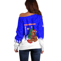 Slovenia Christmas Off Shoulder Sweater with Bear Potica Cake Snowy Tree and National Emblem Design - Wonder Print Shop
