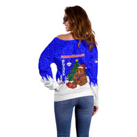 Slovenia Christmas Off Shoulder Sweater with Bear Potica Cake Snowy Tree and National Emblem Design - Wonder Print Shop