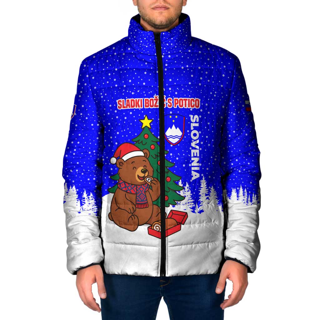 Slovenia Christmas Padded Jacket with Bear Potica Cake Snowy Tree and National Emblem Design - Wonder Print Shop