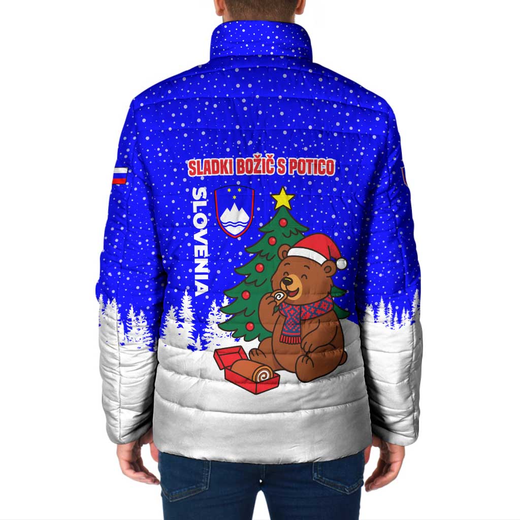 Slovenia Christmas Padded Jacket with Bear Potica Cake Snowy Tree and National Emblem Design - Wonder Print Shop