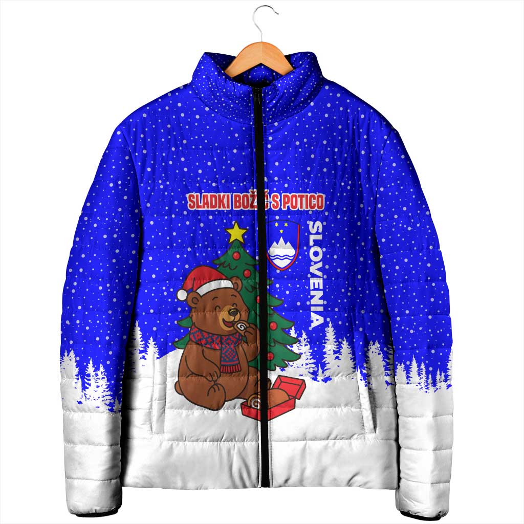 Slovenia Christmas Padded Jacket with Bear Potica Cake Snowy Tree and National Emblem Design - Wonder Print Shop