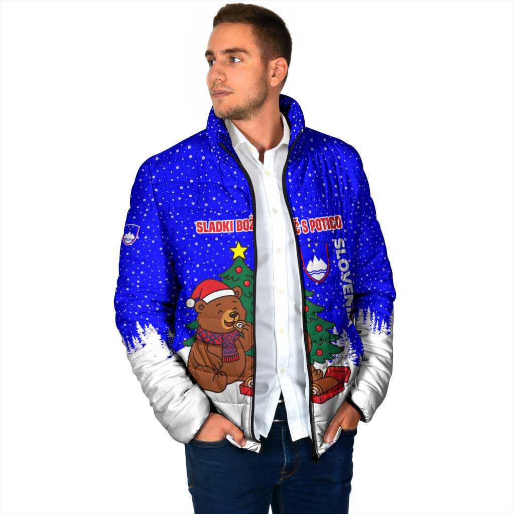 Slovenia Christmas Padded Jacket with Bear Potica Cake Snowy Tree and National Emblem Design - Wonder Print Shop