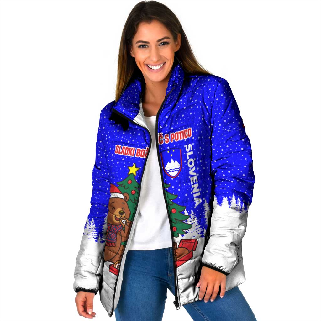 Slovenia Christmas Padded Jacket with Bear Potica Cake Snowy Tree and National Emblem Design - Wonder Print Shop