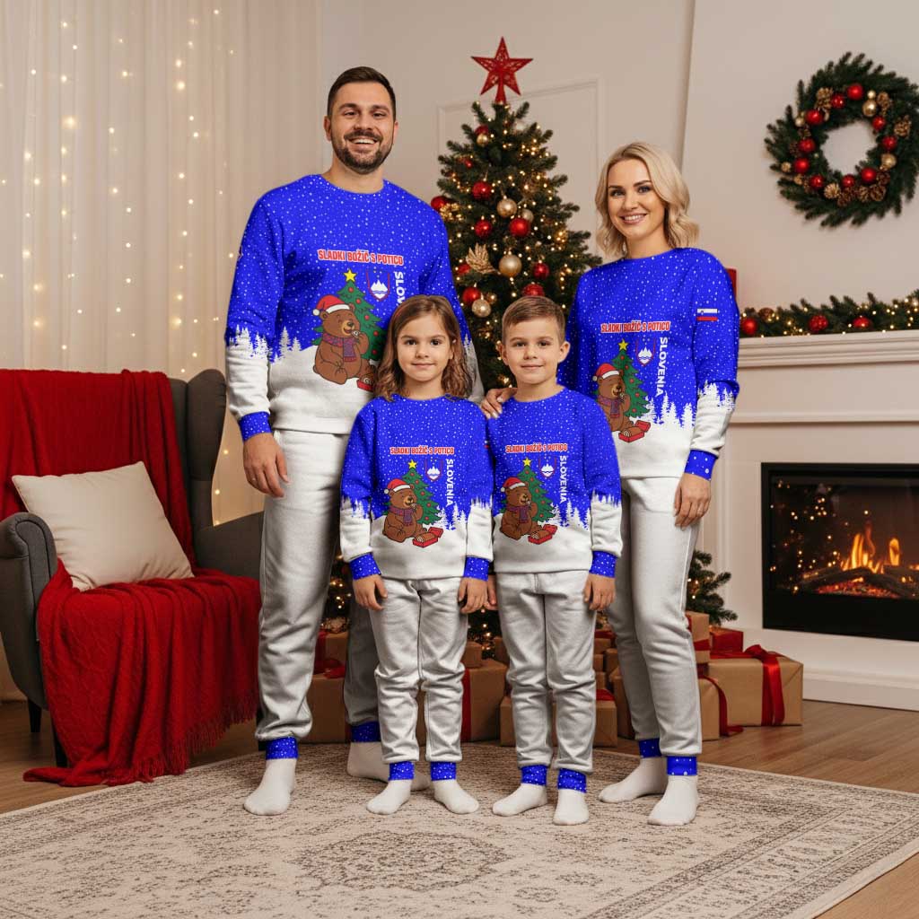 Slovenia Christmas Pajama Set with Bear Potica Cake Snowy Tree and National Emblem Design - Wonder Print Shop