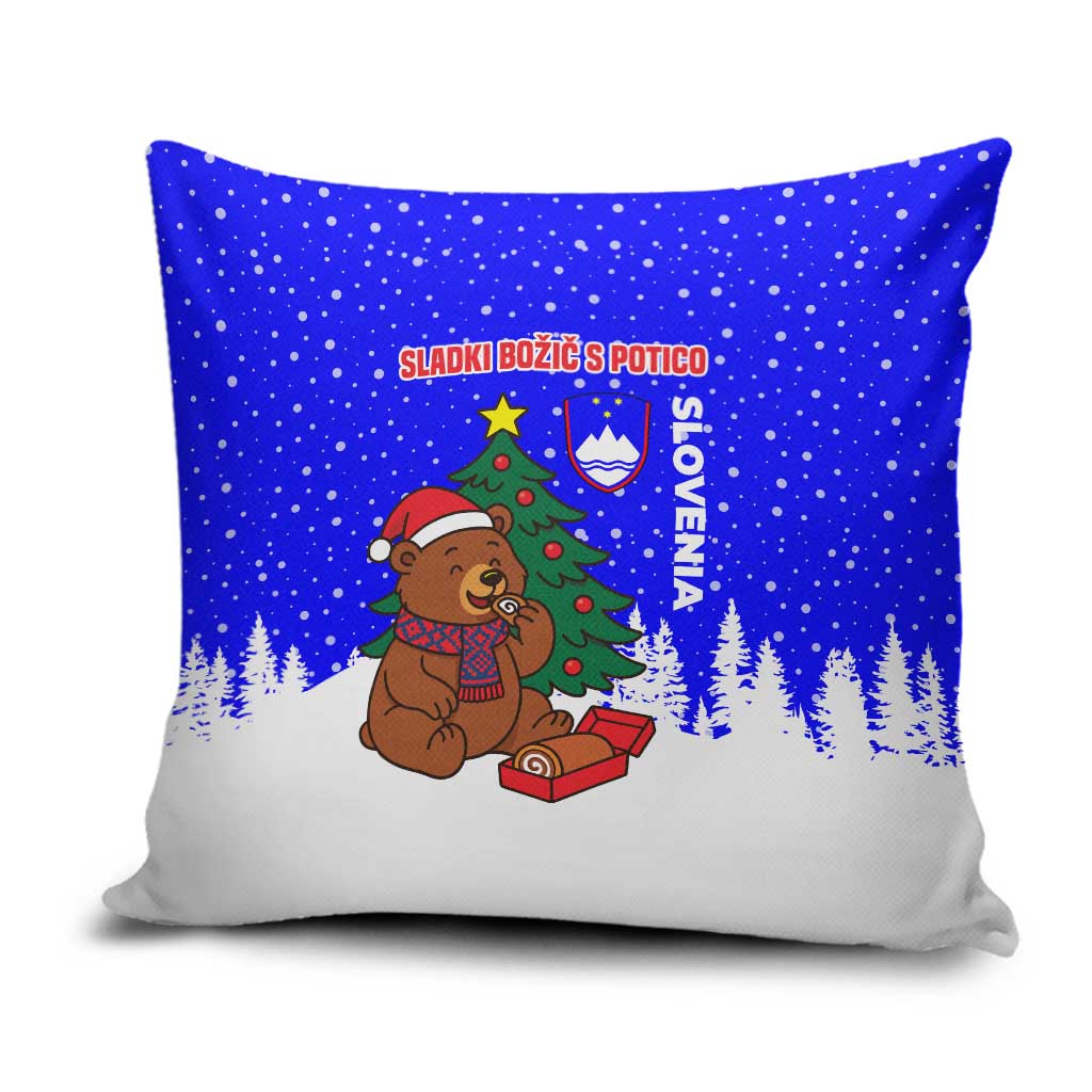 Slovenia Christmas Pillow Cover with Bear Potica Cake Snowy Tree and National Emblem Design - Wonder Print Shop